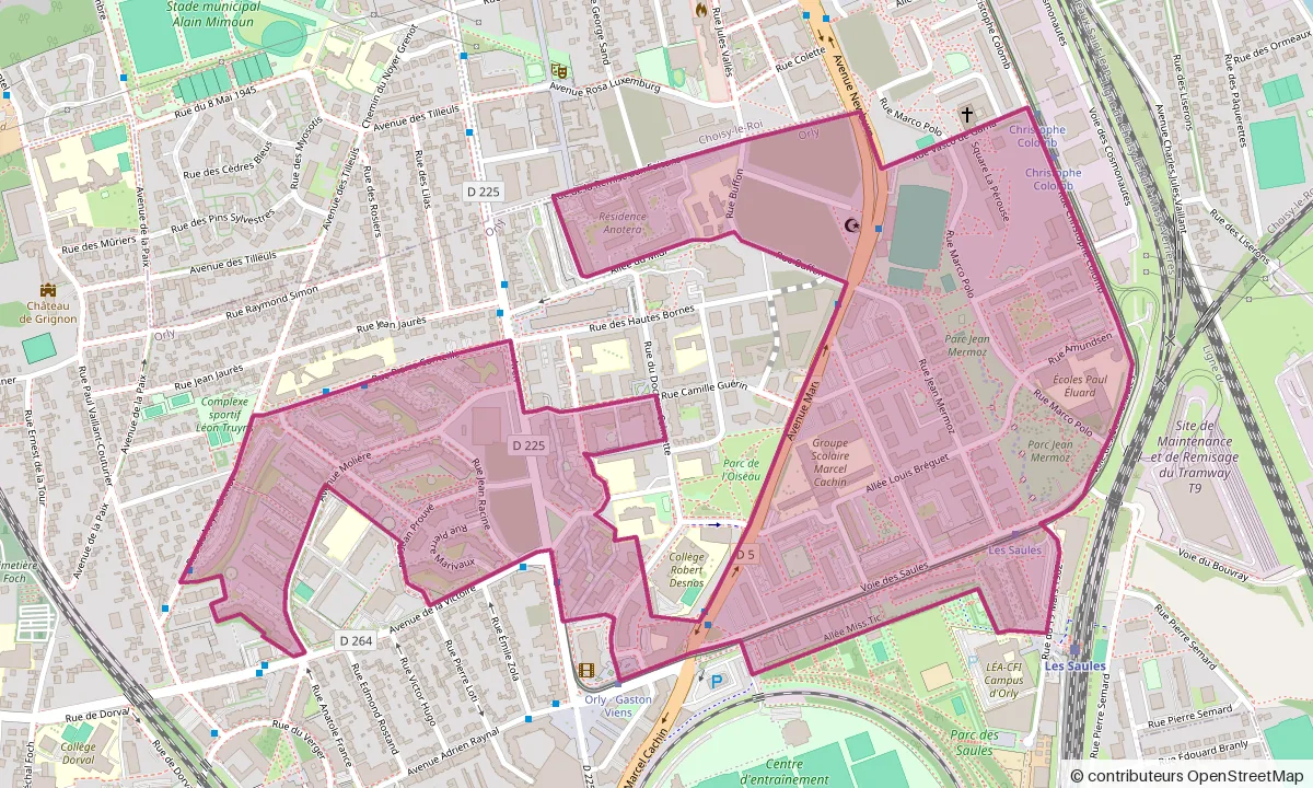Carte du quartier Est d'Orly : le périmètre de la Cité éducative est surligné en magenta, avec notamment la résidence Anotera, le groupe scolaire Marcel Cachin, le collège Robert Desnos et le secteur des Saules.